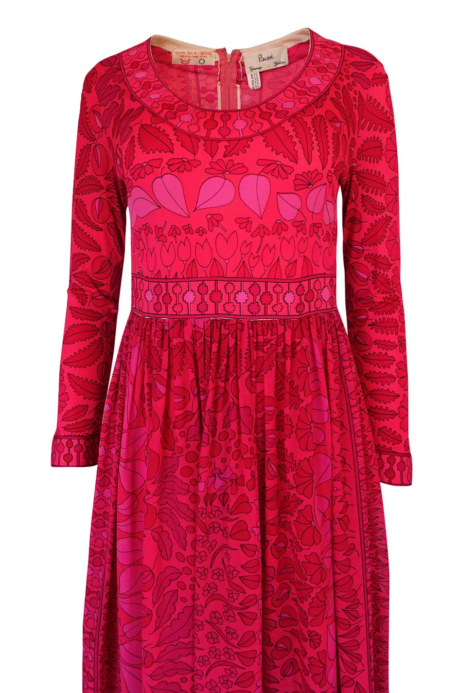 1960s Bessi Silk Jersey & Silk Chiffon Pink & Red Print Dress