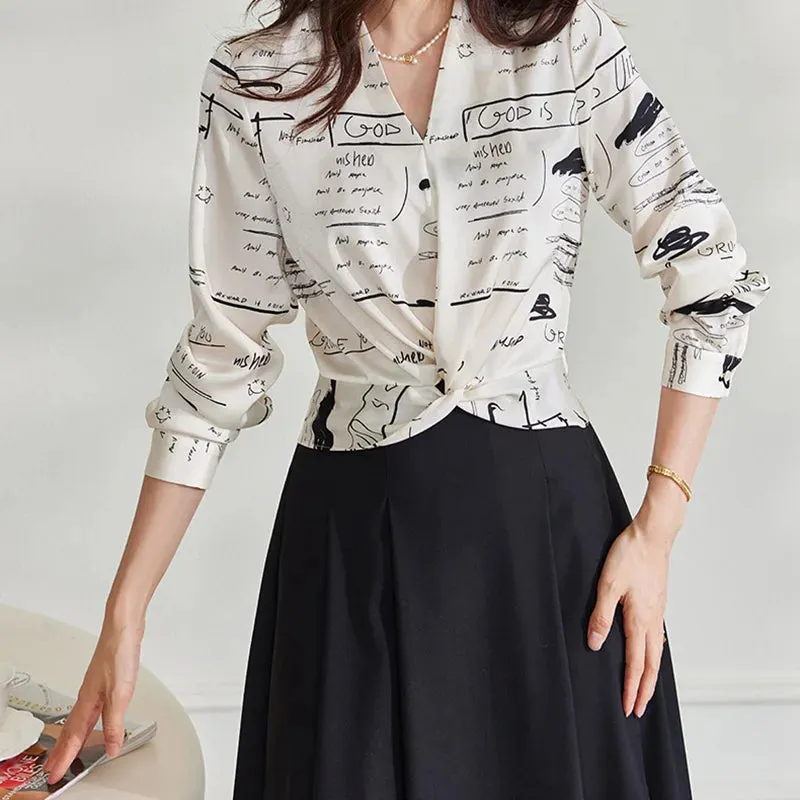 ARWEN & AJH GROUP  Women Elegant Printed Blouse Casual Loose Shirt Sleeve Office Pullover Tops Silk Satin Shirt For Women 2024 Spring