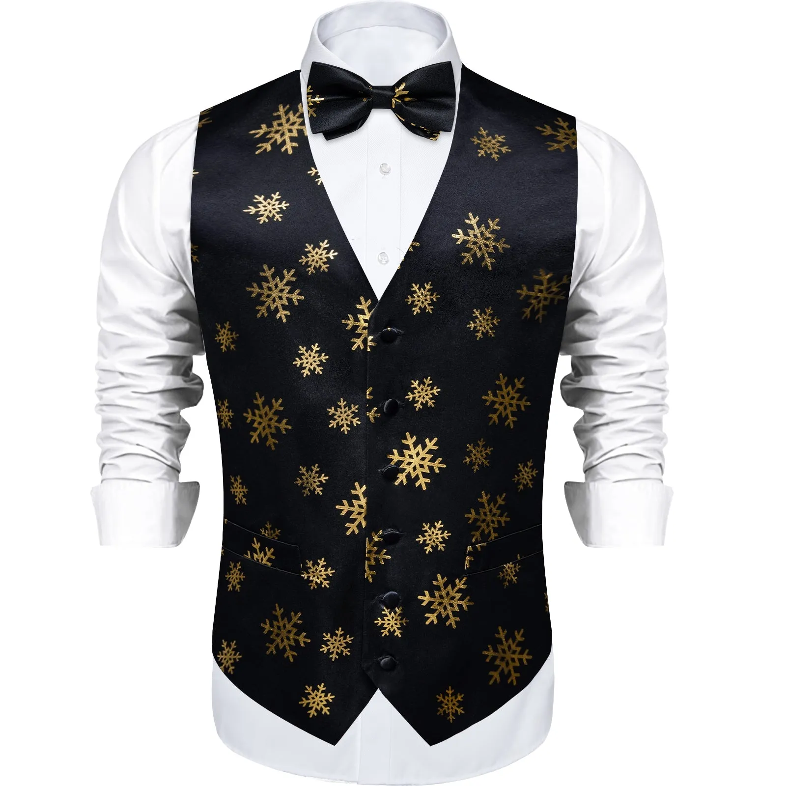 Black Golden Christmas Snowflake Novelty Silk Men's Vest Bow Tie Handkerchief Cufflinks Set