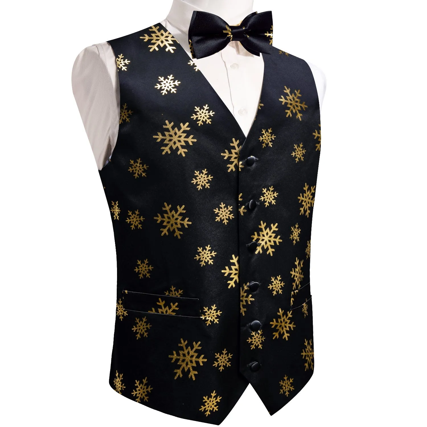 Black Golden Christmas Snowflake Novelty Silk Men's Vest Bow Tie Handkerchief Cufflinks Set