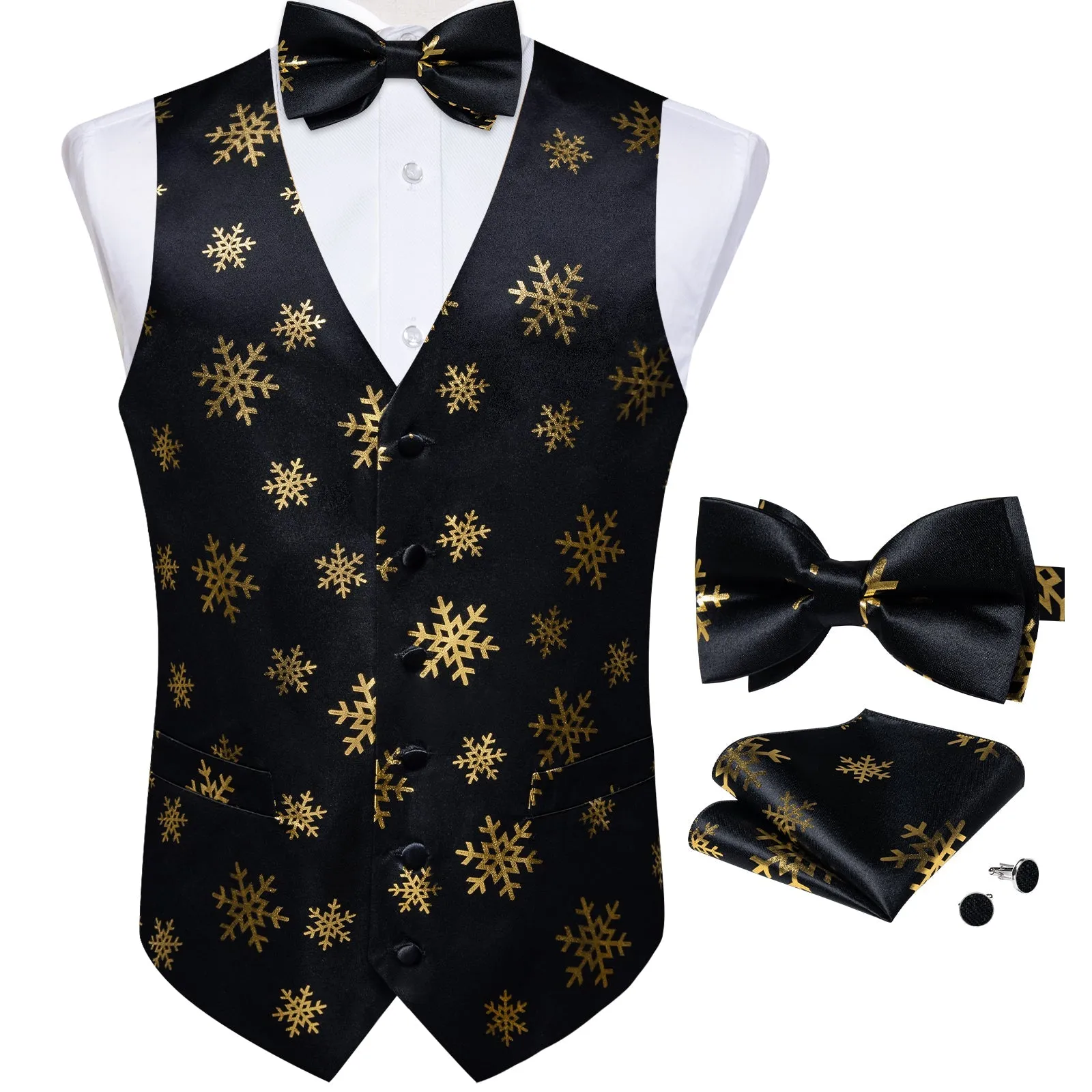 Black Golden Christmas Snowflake Novelty Silk Men's Vest Bow Tie Handkerchief Cufflinks Set
