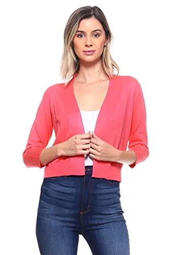 CIELO Women's Soft Solid Open Front 3/4 Sleeve Sweater Cardigan