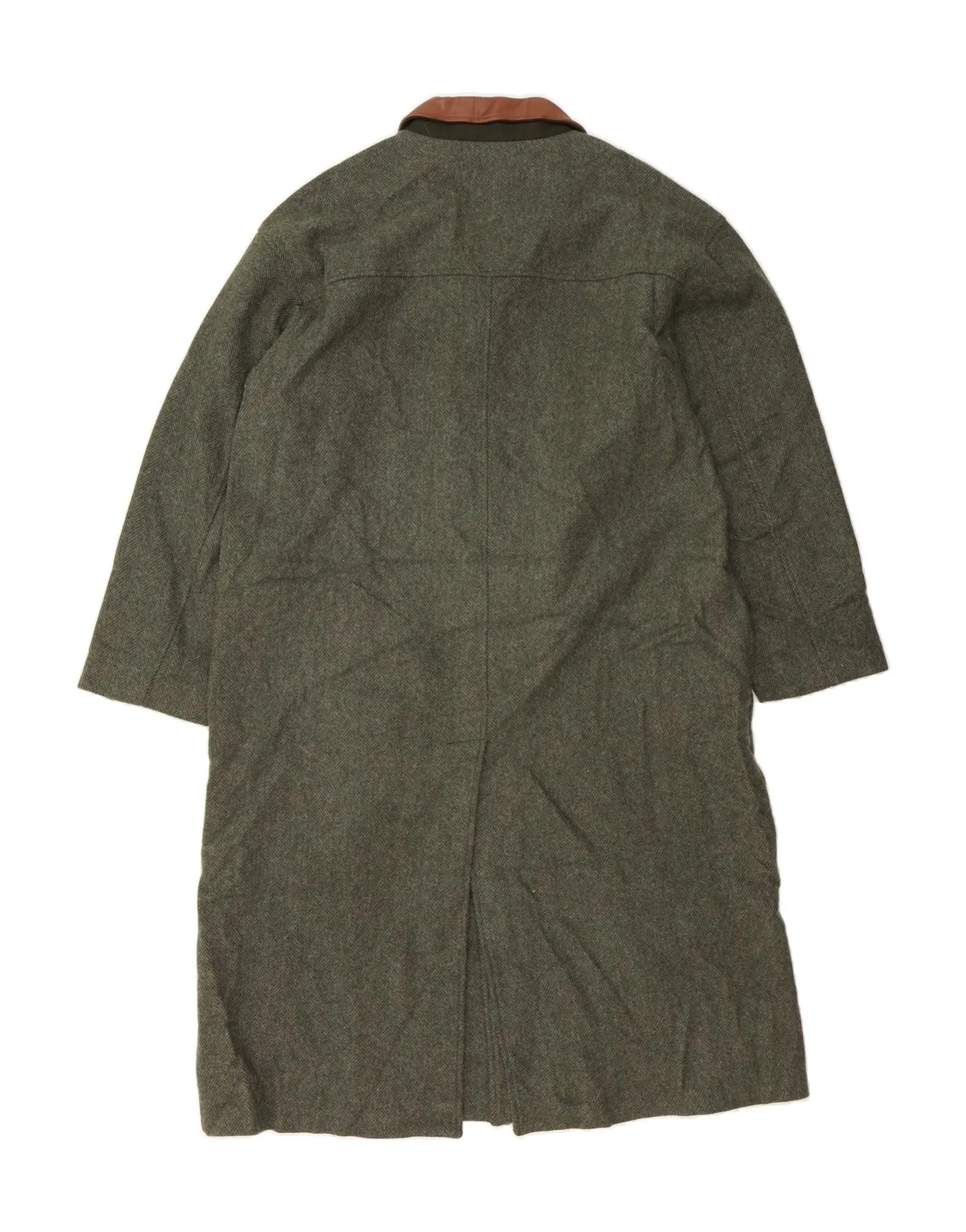 EDDIE BAUER Mens Overcoat UK 40 Large Green Herringbone Wool