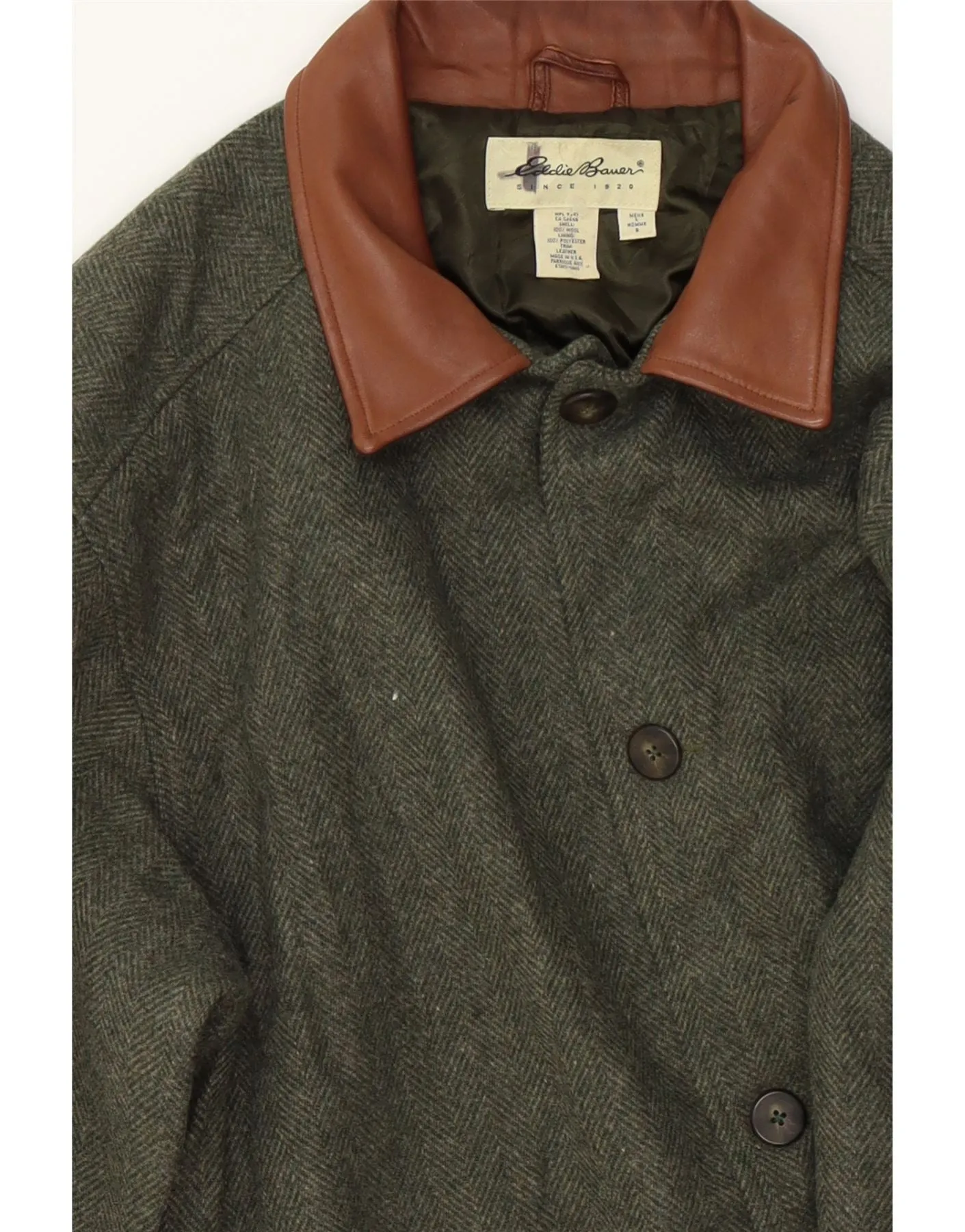 EDDIE BAUER Mens Overcoat UK 40 Large Green Herringbone Wool