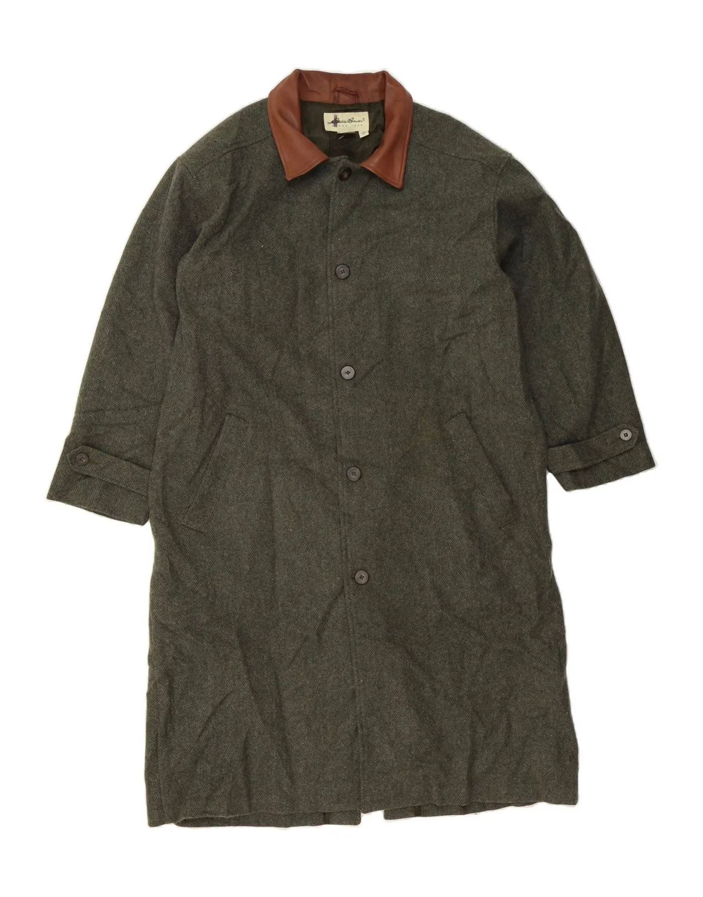 EDDIE BAUER Mens Overcoat UK 40 Large Green Herringbone Wool
