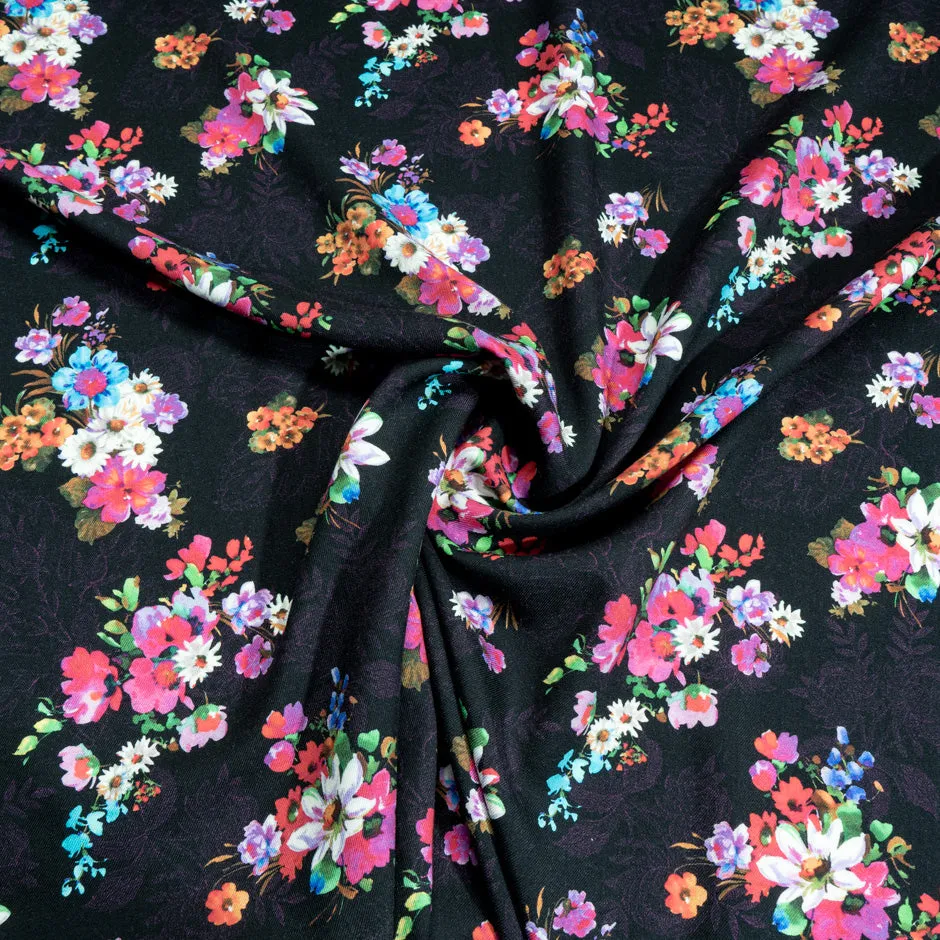Floral Bouquet Printed Black Pure Merino Wool