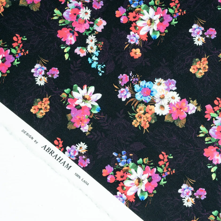 Floral Bouquet Printed Black Pure Merino Wool