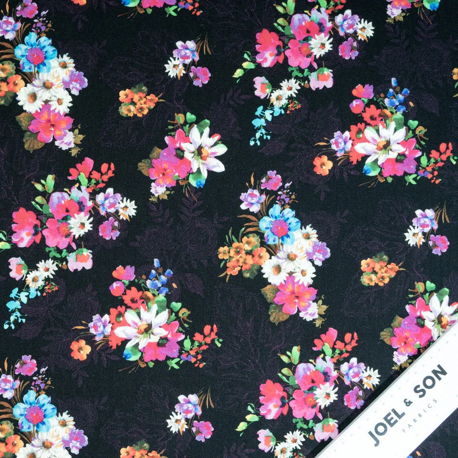 Floral Bouquet Printed Black Pure Merino Wool