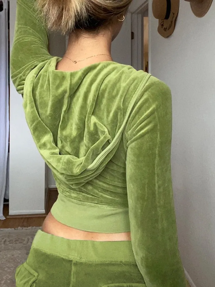 HEYounGIRL Casual Velvet Crop Top Winter Jacket Women Green Pink Zip Up Hoodies Coats Ladies Fashion Skinny Overcoat Streetwear
