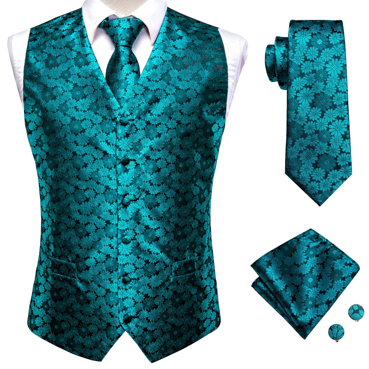 Lake Blue Paisley Men's Vest Tie Hanky Cufflinks Set Waistcoat Suit Set