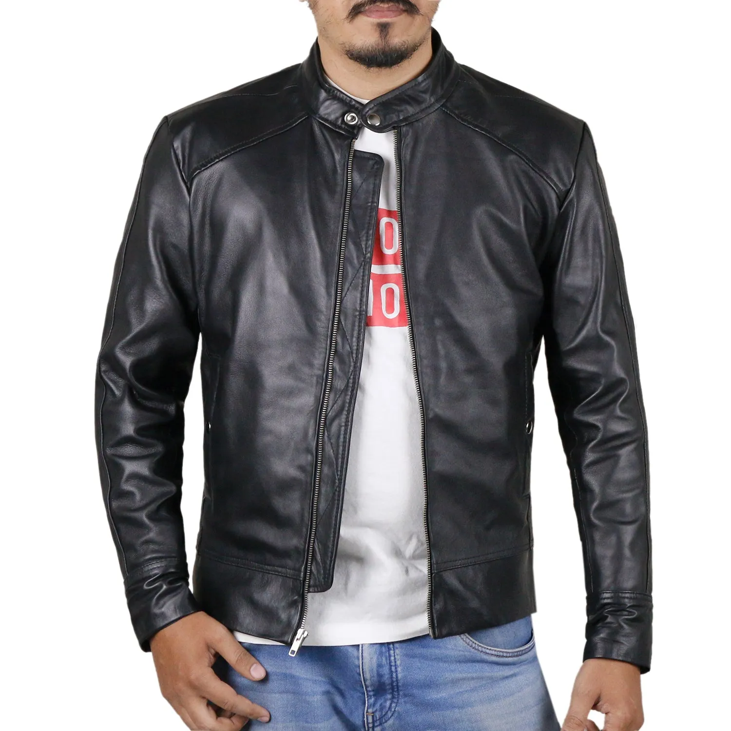 Leather Jackets Hub Mens Genuine Lambskin Leather Jacket (Black, Classic Jacket) - 1501011