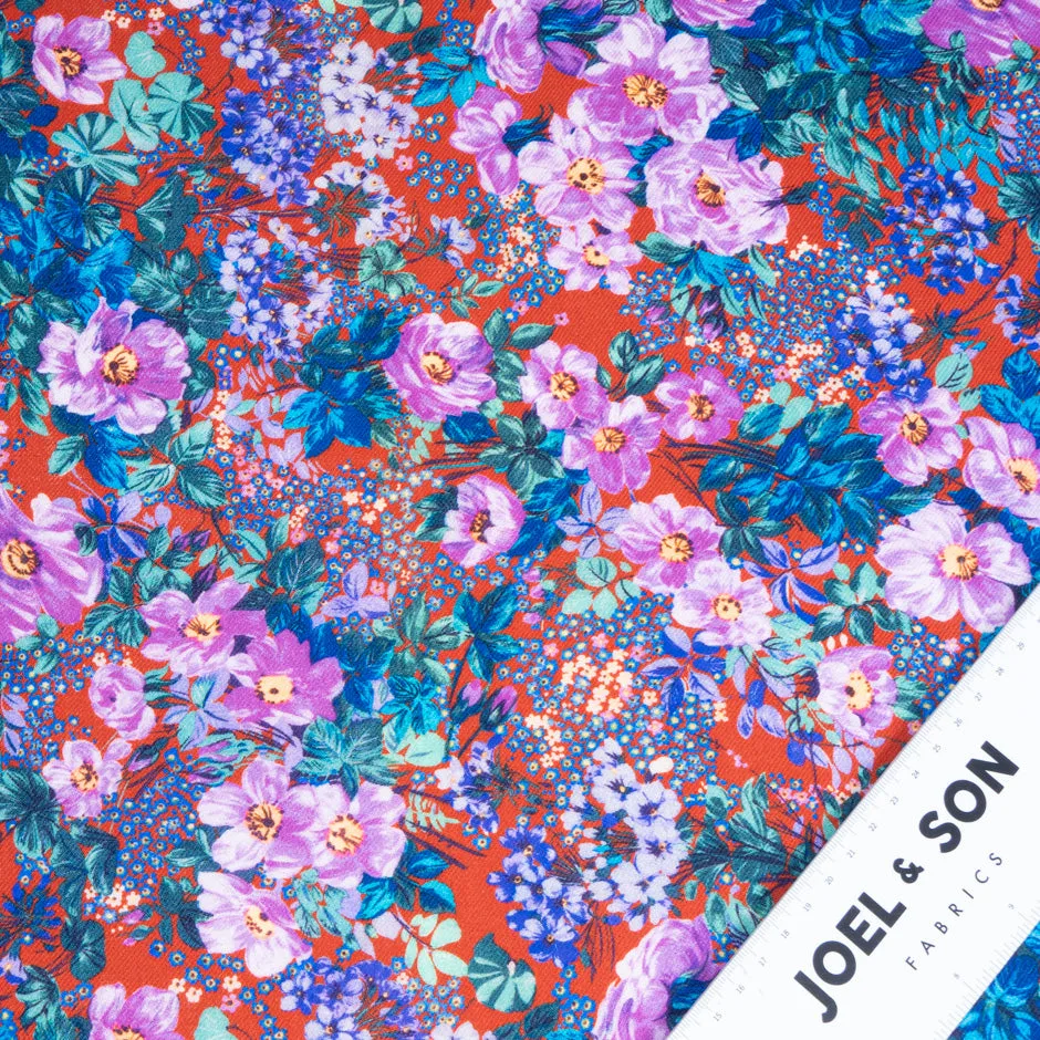 Lilac, Blue & Teal Floral Printed Red Merino Wool