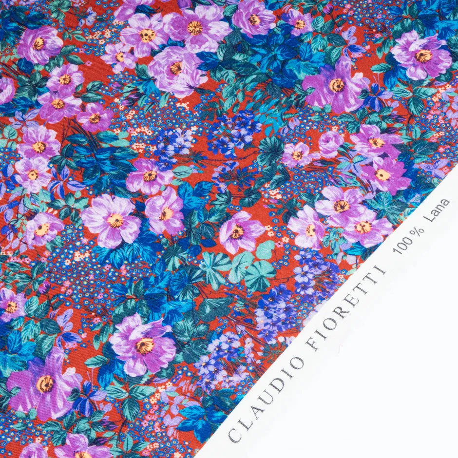 Lilac, Blue & Teal Floral Printed Red Merino Wool