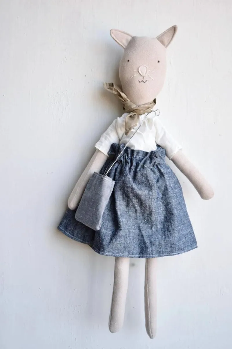 Mae The Barn Cat Doll- Chambray Skirt