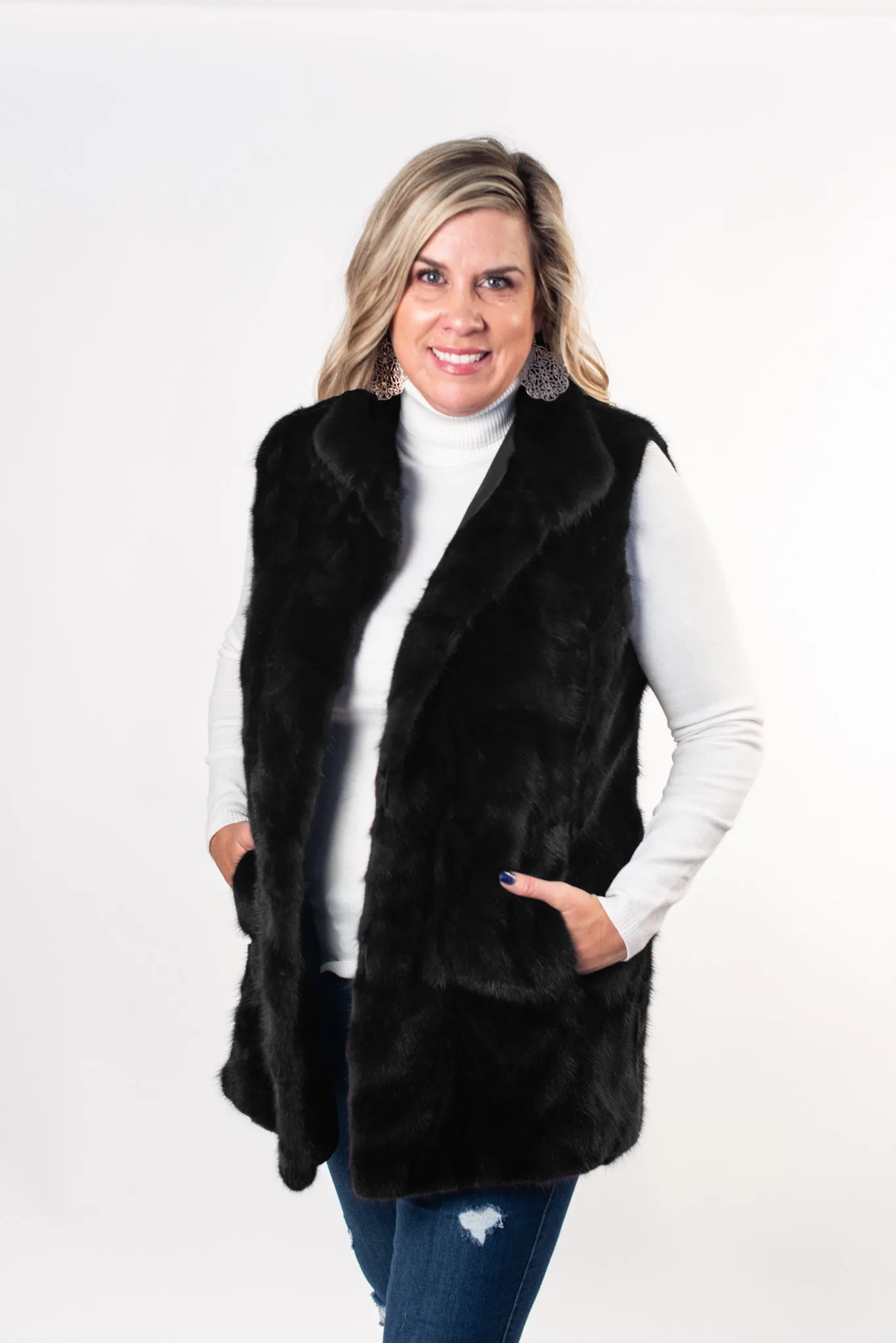 Rippe's Furs Reversible Long Hair Sculpted Mink Fur Vest - Black