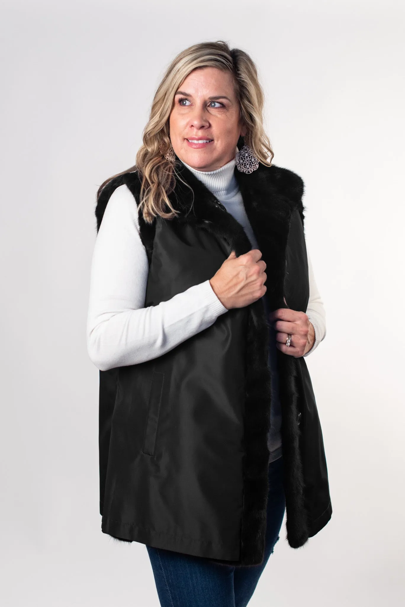 Rippe's Furs Reversible Long Hair Sculpted Mink Fur Vest - Black