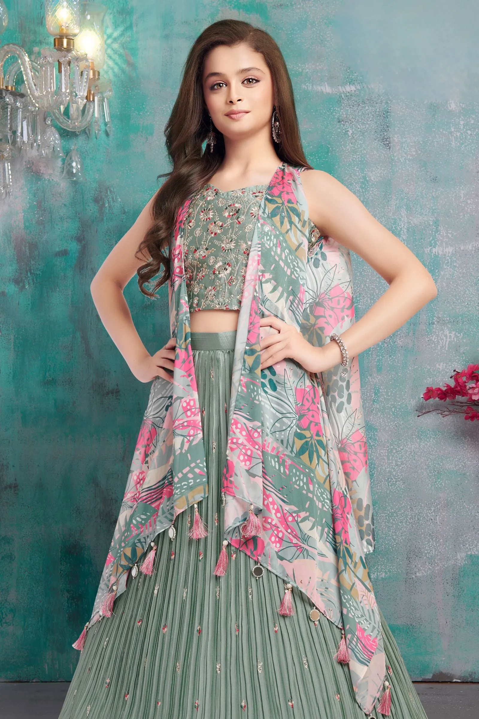Sea Green Zari, Thread and Sequins work Overcoat Styled Lehenga Choli for Girls