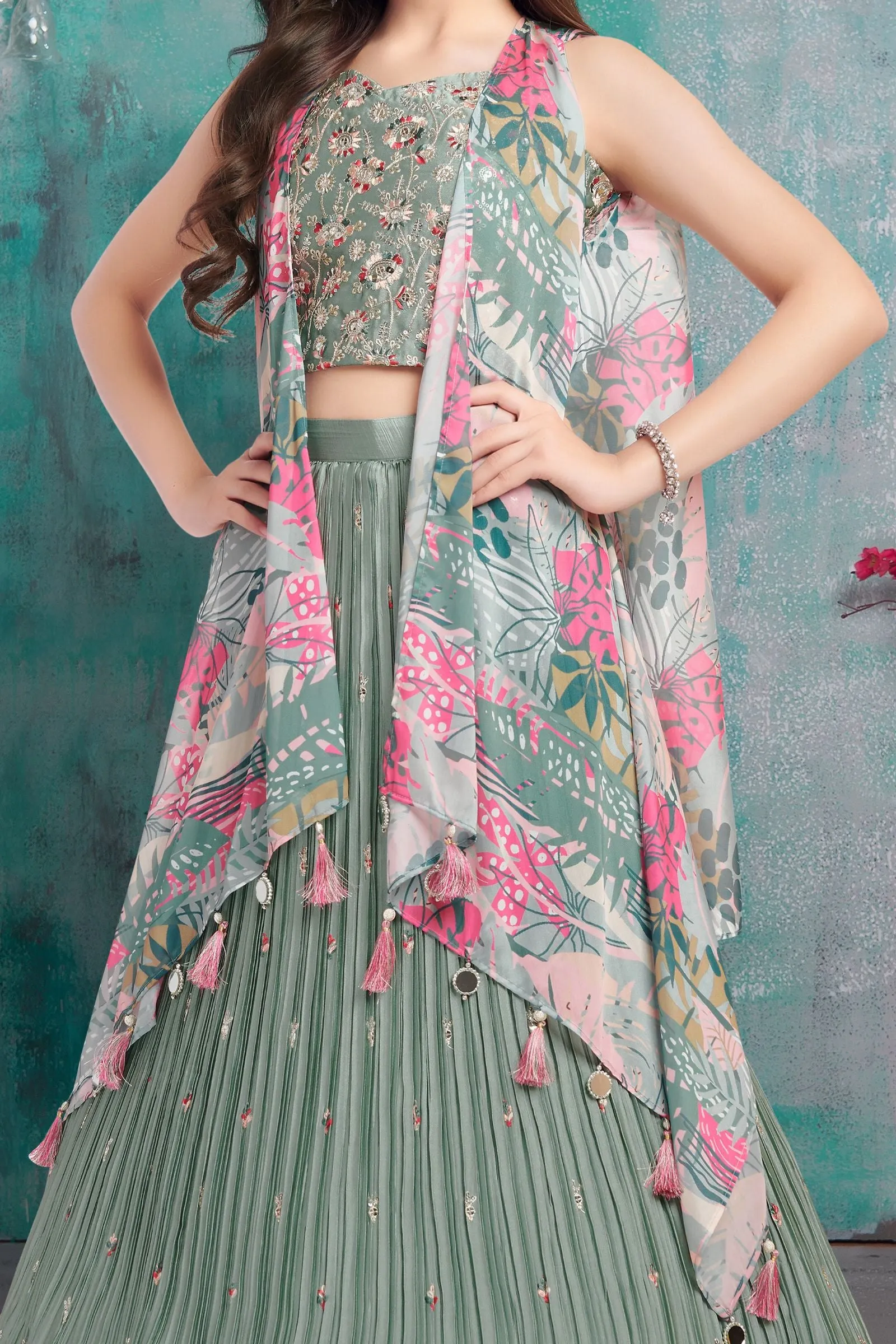 Sea Green Zari, Thread and Sequins work Overcoat Styled Lehenga Choli for Girls