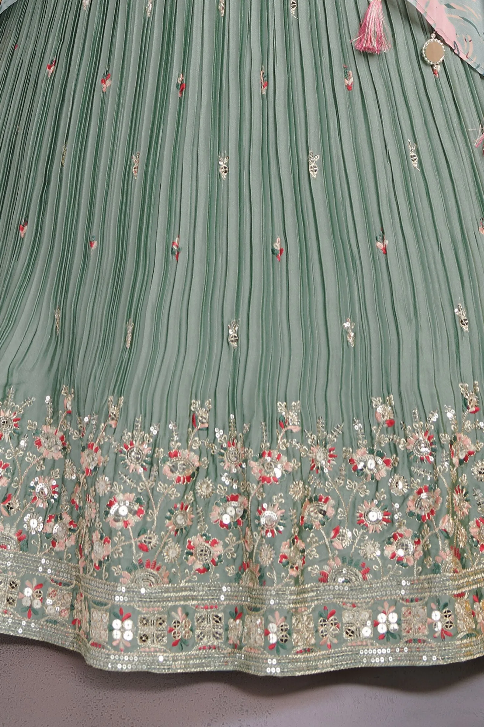 Sea Green Zari, Thread and Sequins work Overcoat Styled Lehenga Choli for Girls
