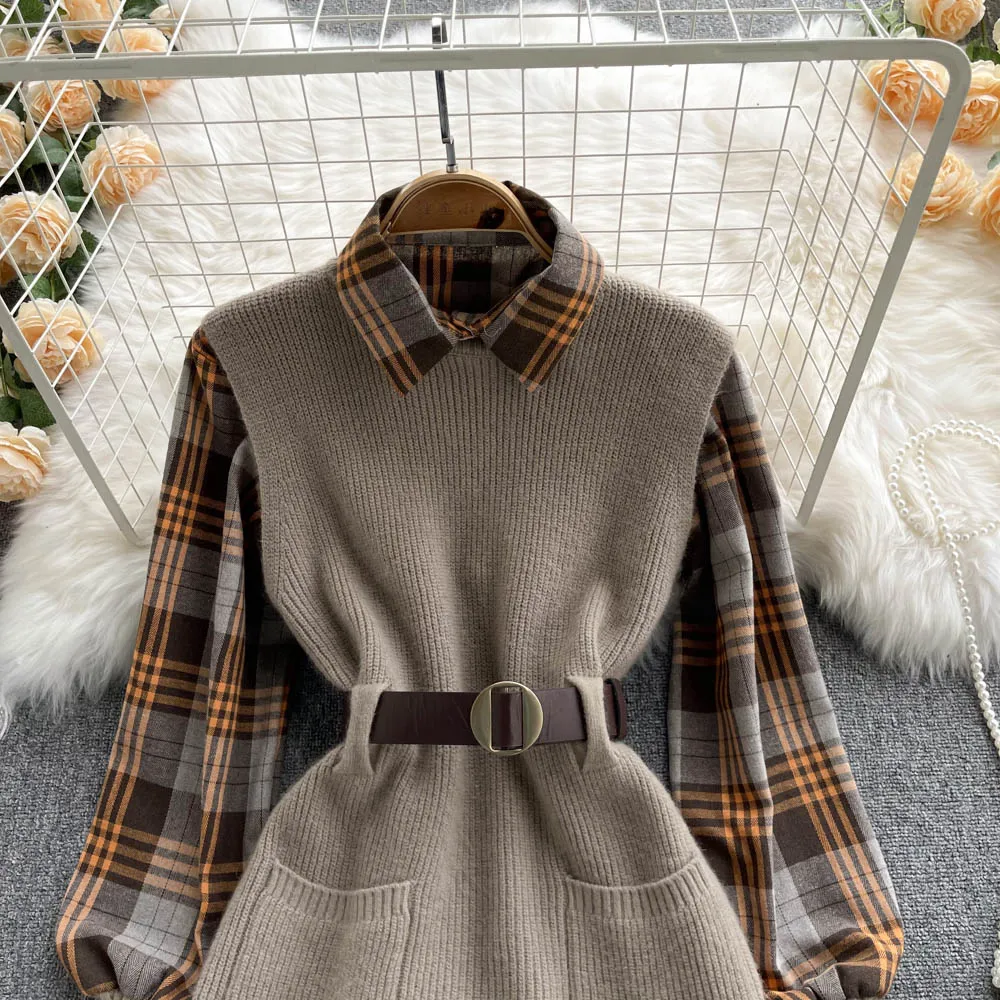 Two-piece Plaid Shirt & Knitted Sweater Vest