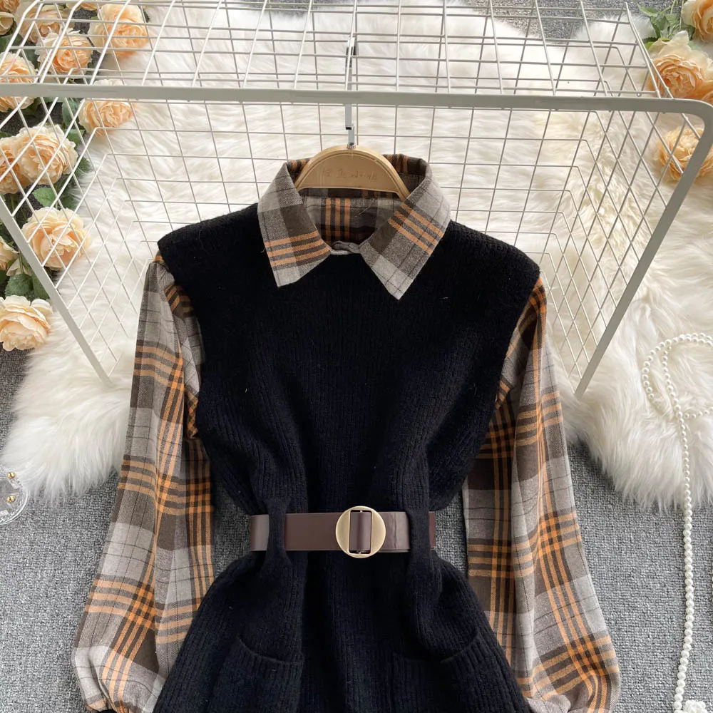 Two-piece Plaid Shirt & Knitted Sweater Vest